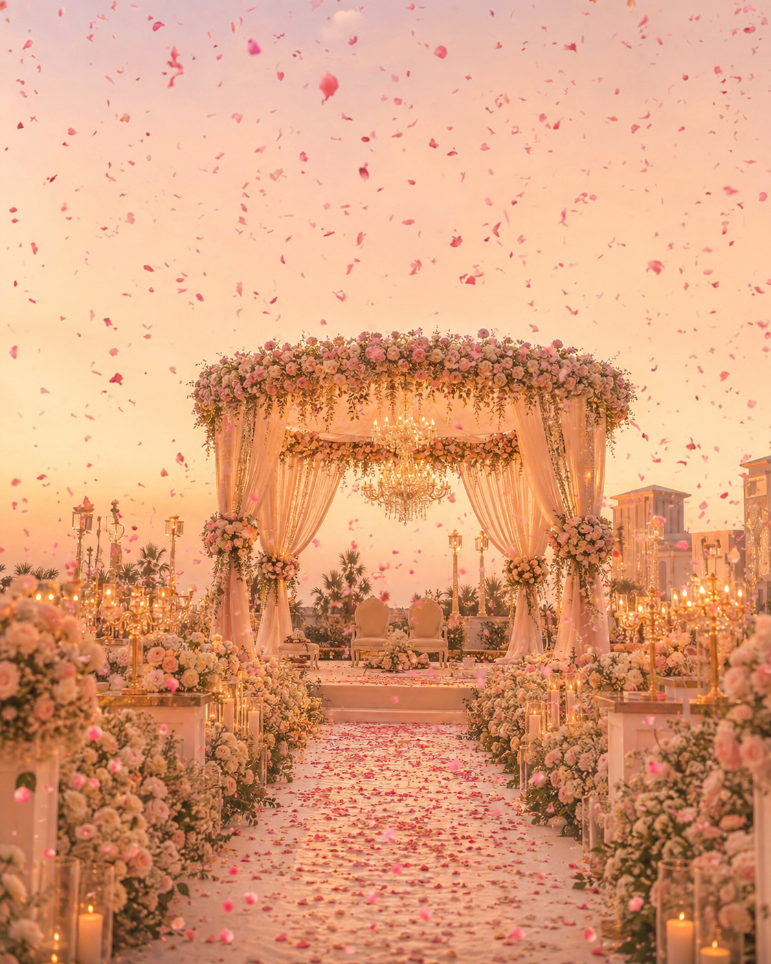 Floral mandap and candlelit aisle at the wedding venue